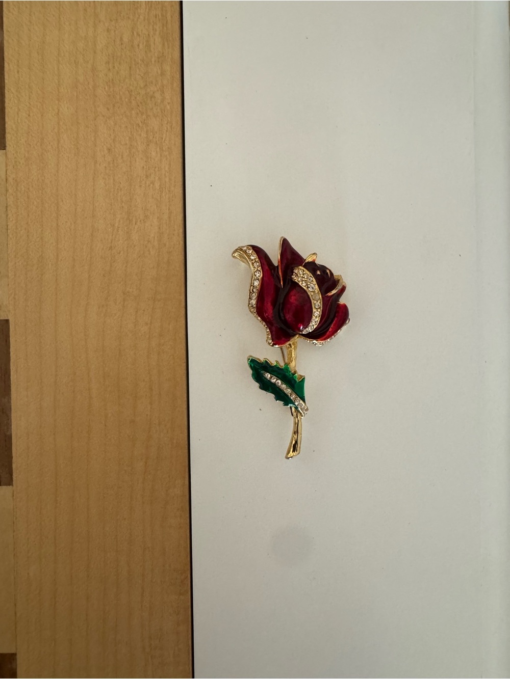 Gold-Tone Red Rose Brooch with Green Enamel Leaf - Elegant Women Jewelry